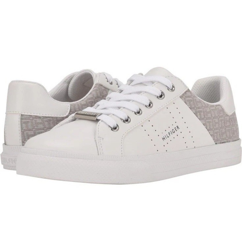 Tommy Hilfiger Womens Lorio Faux Leather Sneaker White Hilfiger logo Sz 10M NEW